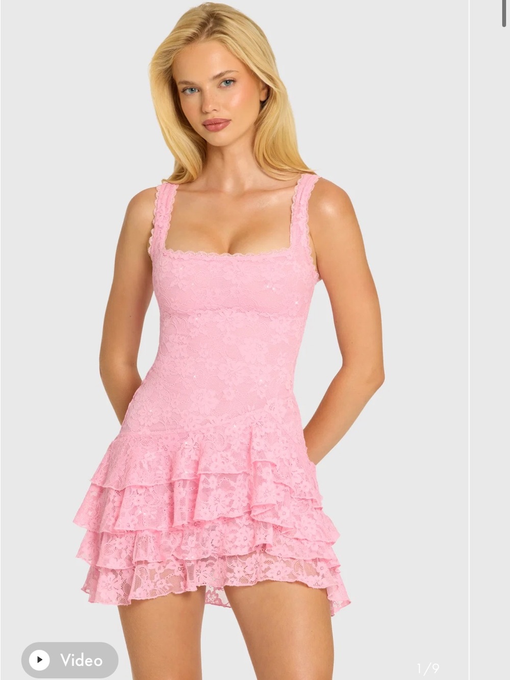 Oh Polly Pink Tiered Lace Mini Dress